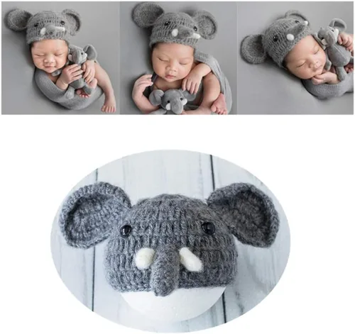 Miniatura 3 de Accesorios de fotografía para recién nacidos para niños y niñas, gorro de elefante mohair, gorro de punto de ganchillo