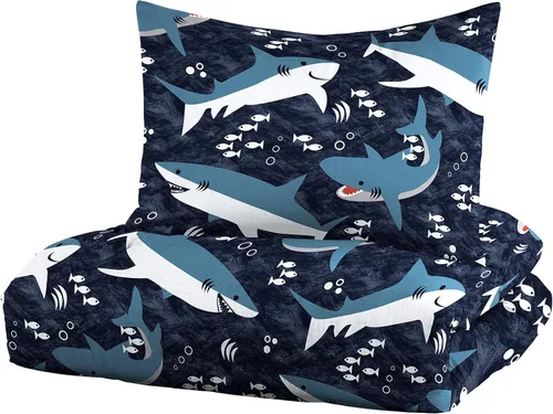 Miniatura 2 de Sharks - Juego de edredón individual para niños, edredón de algodón de 2 piezas con relleno de poliéster, color azul marino