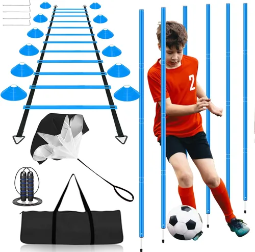 Vztipki Speed & Agility Training Equipment-20ft Agility Ladder, 6 Poles, 12 Soccer Cones, Resistance Parachute, Jump Rope, Soccer Football