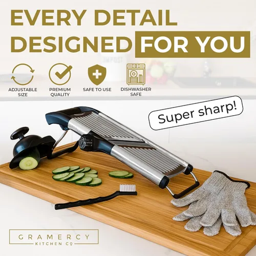 Gramercy Rebanadora de Alimentos Mandolina Ajustable, Rebanadora Mandolina para Cocina, Mandolina, Papa, Tomate, Zanahoria, Verduras, Frutas y Negro