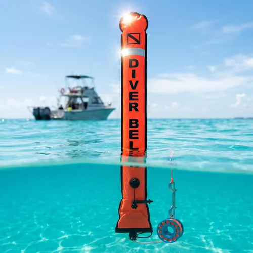 Miniatura 7 de DSMB Surface Marker Buoy with 100ft Finger Spool Reel Diver Below Signal Flag Tube Scuba Diving Equipment Open Bottom Set
