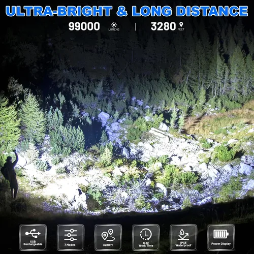 Miniatura 7 de Cinlinso Linternas Recargables de Alto Lúmenes, 99,000 Lúmenes Linterna LED Súper Brillante, Linterna con 7 Modos, IPX6 Impermeable, Linterna