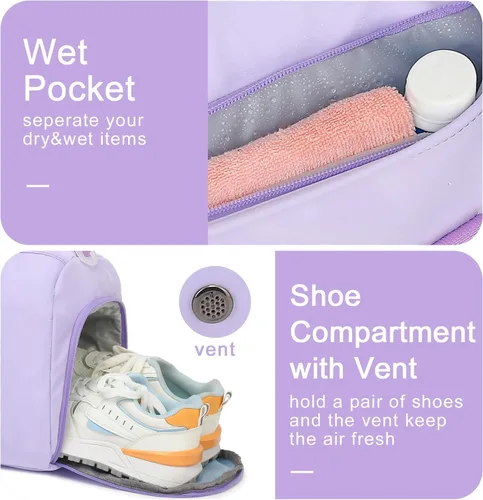Miniatura 3 de Bolsa de viaje deportiva para gimnasio para hombres y mujeres con compartimento para zapatos, bolsillo húmedo, Púrpura (pure purple), Bolsa de lona