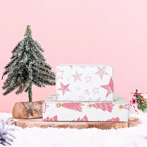Miniatura 6 de AnyDesign 12 hojas de papel de regalo de Navidad rosa Santa muñeco de nieve copo de nieve estrella árbol papel de regalo plegado plano papel