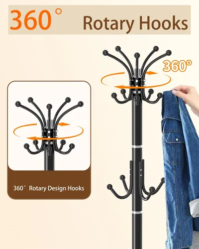 Miniatura 2 de Soporte Moderno para Abrigeros, Perchero Giratorio de 360° de Metal Independiente con Base de Mármol Natural, Perchero de Abrigos Negro y Árbol