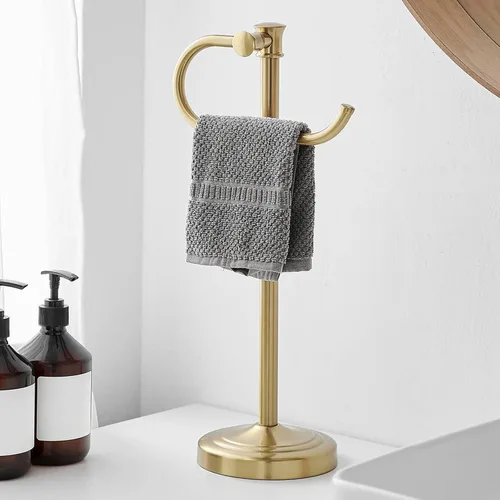 BESy Barra de Toalla de 17 Pulgadas con Soporte de Pie, Toallero de Mano en Oro Cepillado para Baño, Toallero de Toallas para Encimera de Tocador,