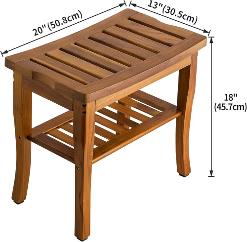 Miniatura 3 de VaeFae Banco de ducha de teca, taburete de ducha de baño de spa con estante de almacenamiento, taburete de asiento de madera para baño