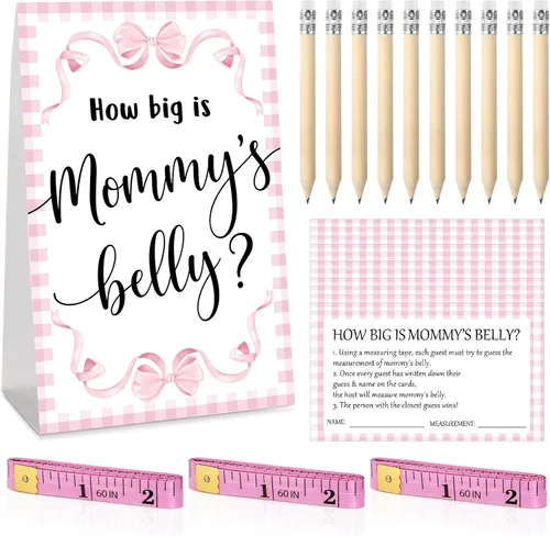 Miniatura 11 de Sabary 64 Piezas Juegos de Baby Shower Incluyen Letrero How Big is Mommy's Belly Sign Measure Bump Game 50 Tarjetas 10 Lápices 3 Cintas Métricas