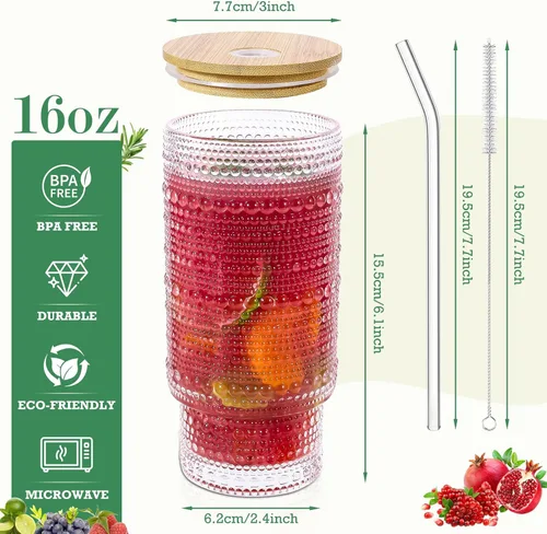 Miniatura 2 de CWHHRN Vasos de vidrio de 16 onzas con tapas y pajitas, cristalería vintage en relieve para whisky, cóctel, cerveza, taza de café helado con tapa
