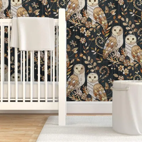 Miniatura 6 de Despegar y pegar papel tapiz Swatch – Collage de búhos grandes búhos madera naturaleza noche moderna casa de campo papel tapiz extraíble