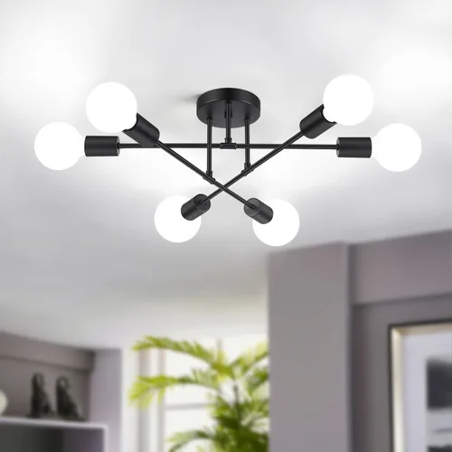 Miniatura 19 de Bosceos Lámpara de techo semiempotrada, lámpara de techo Sputnik moderna de 4 luces negras y doradas, lámpara de techo industrial para cocina