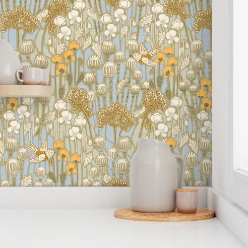 Miniatura 8 de Spoonflower Papel tapiz para despegar y pegar - Amapola Campo Pájaros Crema Neutral Naturaleza Taupe Papel pintado extraíble personalizado