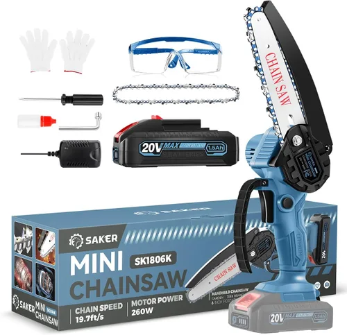 Miniatura 12 de Saker Mini motosierra inalámbrica de 6 pulgadas con interruptor de bloqueo de seguridad, motosierra eléctrica inalámbrica, motosierra pequeña