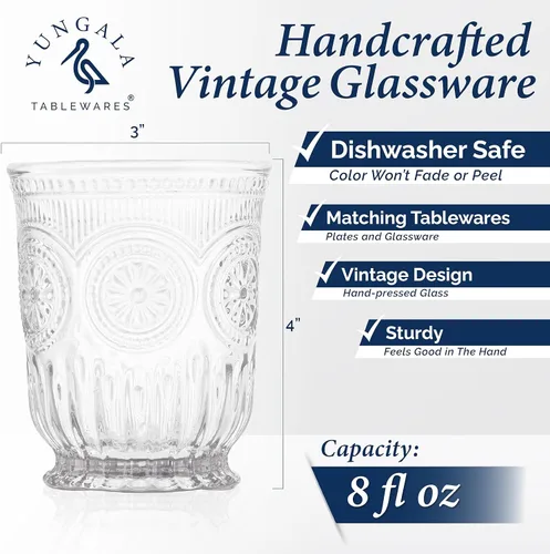 Miniatura 2 de Vasos pequeños vintage transparentes para beber, juego de 6 vasos de vidrio de 8 onzas con un diseño único con base y diseño de vidrio prensado