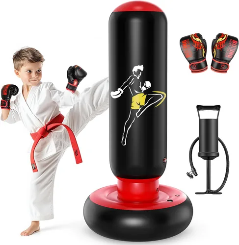 QPAU Kids Punching Bag Toy with Boxing Gloves, 66 Inch Larger Stable Kids Inflatable Boxing Bag Set, Gifts for Boys & Girls Age 6-12, for Practicing