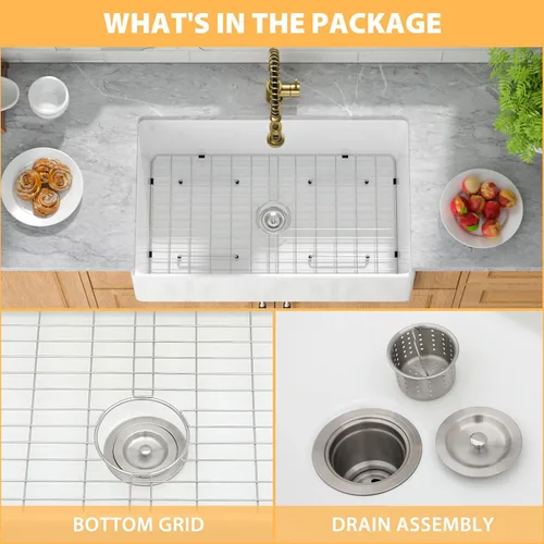 Miniatura 7 de Mocoloo Fregadero de cocina de granja blanco 33 – Fregadero plano de estilo rústico de 33 x 20 x 10 pulgadas, fregadero plano de estilo rústico