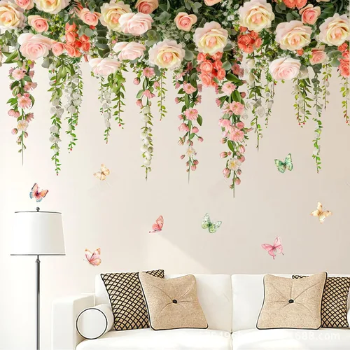 Miniatura 3 de Calcomanías de pared de rosas vívidas, calcomanías de pared florales de vid colgantes, calcomanías de mariposa, papel tapiz para despegar y pegar