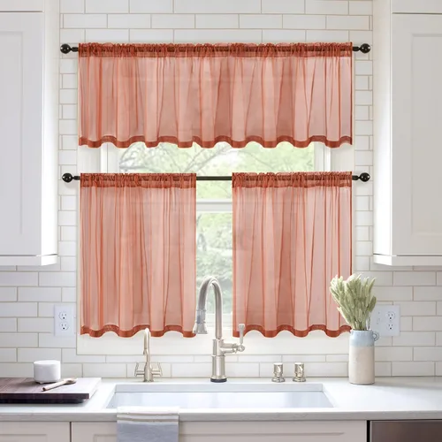 Miniatura 7 de MIULEE Cenefa de otoño para ventana, media ventana, cenefa de cortina transparente terracotta con bolsillo para barra, cortina de gasa extra ancha