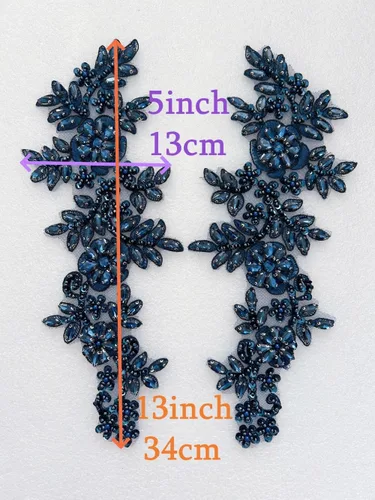 Miniatura 5 de 1 par de decoraciones de vestido de novia de 5.1 x 13.4 in, parches de encaje para coser con cuentas de diamantes de imitación sueltas, piedras
