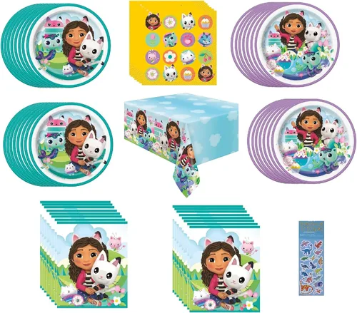 Gabbys - Paquete de suministros para fiesta de cumpleaños de casa de muñecas incluye 16 platos de postre para tartas, 16 platos de almuerzo, 16