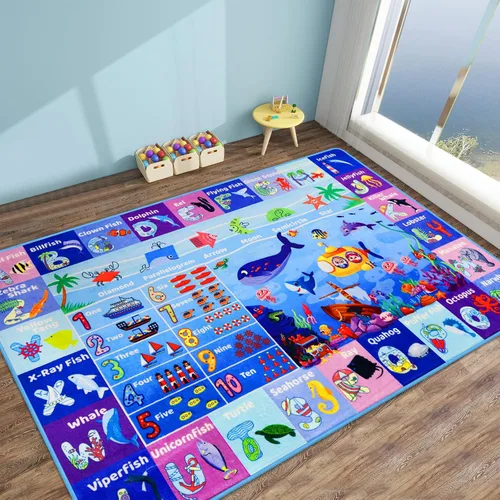 Alfombra interactiva de aprendizaje del mundo oceánico de 3 pies 3 pulgadas x 5 pies con ABC, animales marinos, números y formas para niños pequeños
