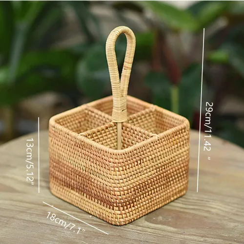 Miniatura 2 de i-lan Juego de 2 organizadores de utensilios de ratán con asa (7 pulgadas), soporte de mimbre tejido de 4 secciones para bolsas de té y condimentos