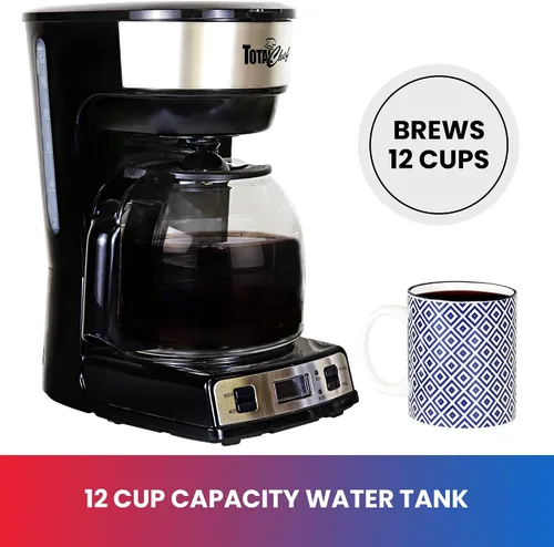Miniatura 5 de Total Chef Cafetera de goteo – Cafetera programable de 12 tazas con olla de cristal, pausa y vertido, apagado automático, depósito de agua grande