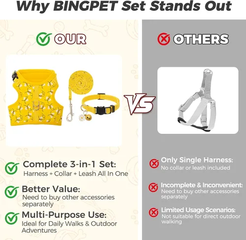 Miniatura 3 de BINGPET Arnés para gatos con correa y collar para caminar, a prueba de escapes, con correa de 59 pulgadas, arnés de chaleco suave ajustable
