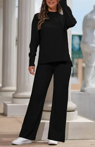Miniatura 3 de AOHITE Conjunto de 2 piezas para mujer, suéter de punto de manga larga y pantalones de pierna ancha