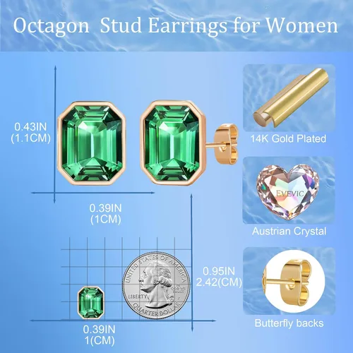 Miniatura 6 de Aretes de tuerca octágono de cristal austriaco para mujer, joyería hipoalergénica de plata de ley 925