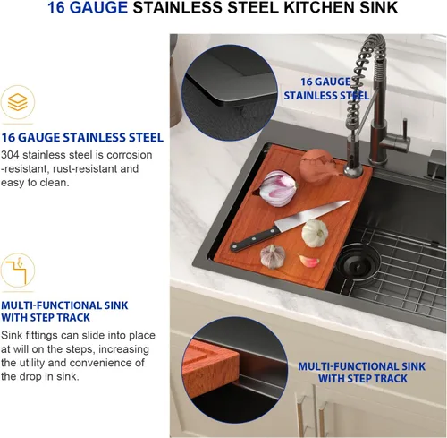 Miniatura 6 de Dcolora Fregadero de Cocina Negro de 25 Pulgadas Drop In, Fregadero de Estación de Trabajo de Acero Inoxidable Negro Nano-PVD de Un Solo Tazón