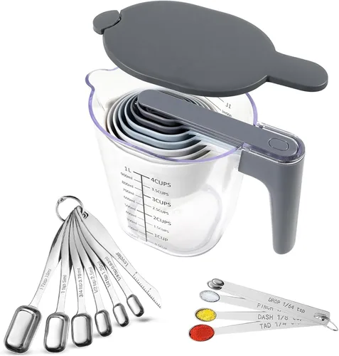 Miniatura 18 de Juego de 19 piezas de tazas medidoras y cucharas, incluye 10 tazas medidoras apilables con tapa y 9 cucharas medidoras magnéticas, cucharada para 19