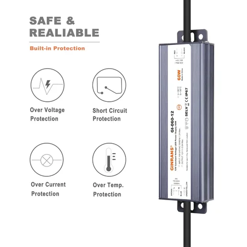 Miniatura 3 de Transformador de fuente de alimentación de LED de voltaje constante impermeable IP67 de 60W, entrada universal de 100-240V CA con enchufe, salida