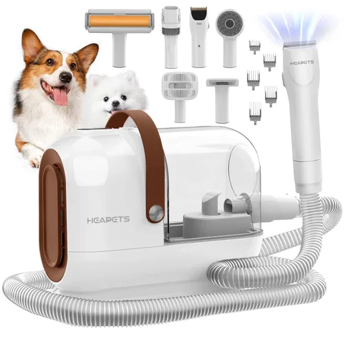 HEAPETS Kit de aseo para mascotas con vacío - Aspiradora de 3L con 7 herramientas, cortapelos eléctrico de bajo ruido y cepillo para la muda de