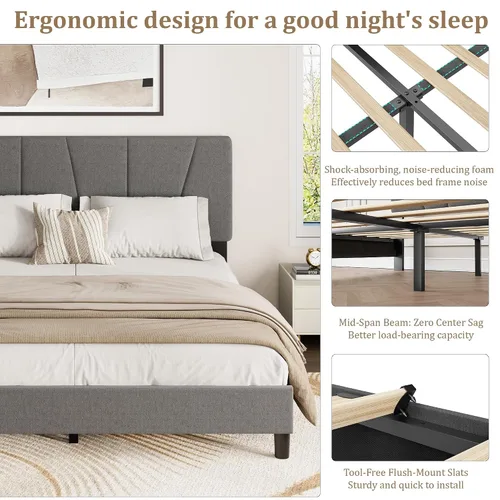 Miniatura 5 de Garvee Base de cama de tamaño individual con cabecera ajustable, base de cama tapizada de lino con listones de madera fuertes, base de colchón,
