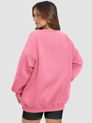 Miniatura 4 de ATHMILE Sudadera de gran tamaño para mujer, cuello redondo, forro polar, manga larga, sudaderas con capucha, tops de otoño, ropa de moda 2024