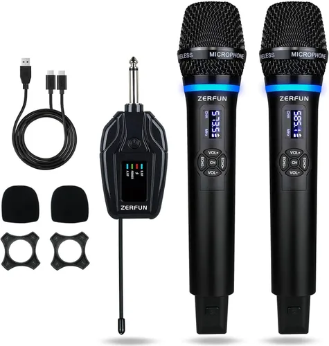 Miniatura 8 de Micrófonos inalámbricos duales recargables, sistema de micrófono inalámbrico de metal UHF micrófono inalámbrico profesional con control de eco