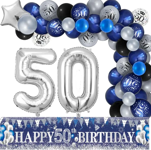Miniatura 15 de Decoraciones de fiesta de cumpleaños 60, azul marino, plateado, pancarta de feliz cumpleaños 60 con 61 globos de látex, globos de aluminio