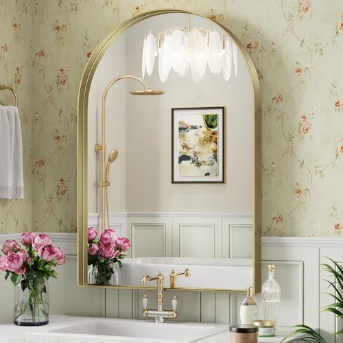 Miniatura 19 de Brightify - Espejo arqueado dorado de 24 x 32 pulgadas, espejo de pared con marco de metal de latón para baño, espejo arqueado superior para tocador