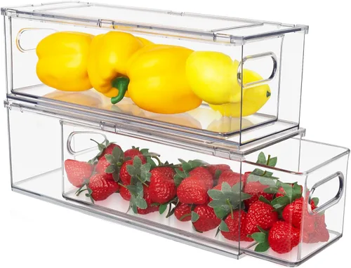 Abiudeng Paquete de 2 cubos organizadores apilables para refrigerador con cajón extraíble, organizador de cajones de nevera transparente con asa,
