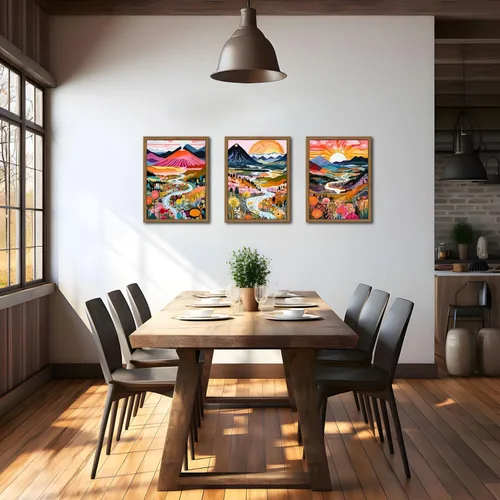 Miniatura 5 de Marco de madera bohemio colorido arte de pared, juego de 3 acuarelas abstractas de paisaje de montaña, pintura para decoración de pared, arte