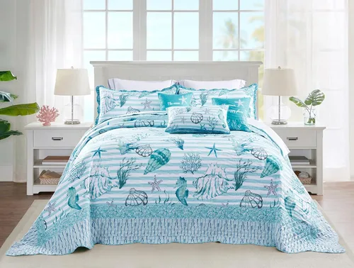 Miniatura 11 de HZ & HY Colcha costera tamaño King extragrande, ropa de cama ligera para playa, colcha náutica, costuras reales, reversible, 6 piezas, 100% Coral