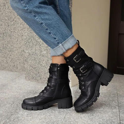Miniatura 5 de Tobfis Botas de combate para mujer con hebilla lateral y tacón grueso, Negro, 0