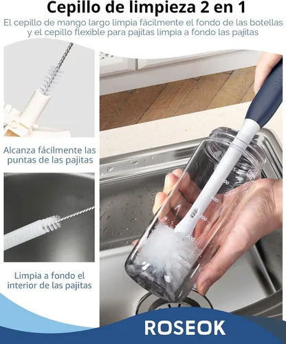 Miniatura 4 de ROSEOK Cepillo 2 en 1 para botella de mango largo con cepillo para popote para limpiar vidrio, botella deportiva, taza de café, azul marino, 1