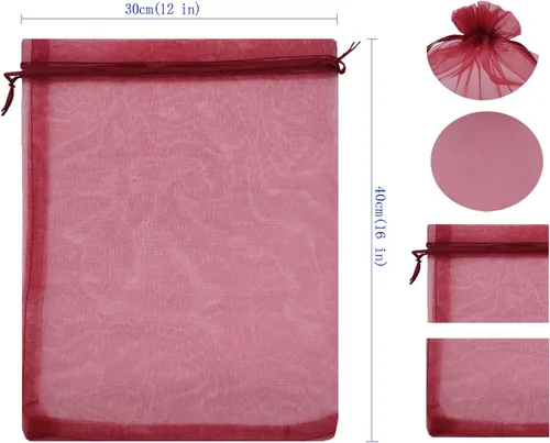 Miniatura 3 de Ankirol 50 bolsas de organza transparente, 12 x 16 bolsas grandes de organza con cordón (rojo vino)