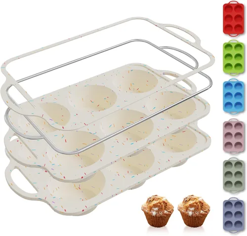 Miniatura 20 de 2 paquetes de 12 tazas de molde para magdalenas de silicona para hornear con marco reforzado de metal, molde para cupcakes de tamaño regular, Crema