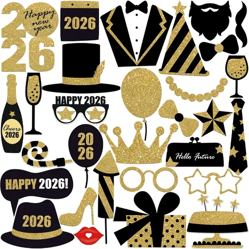 KatchOn, Glitter New Years Photo Booth Props 2026 - Pack of 30 | Gold and Black New Years Eve Photo Booth Props for Happy New Year Decorations 2026