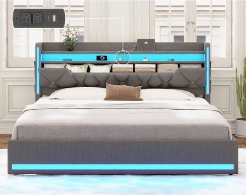 Miniatura 9 de busyaeh Base de cama Queen con cabecera de almacenamiento, marco de cama de metal con luces LED y estación de carga, cama Queen tapizada