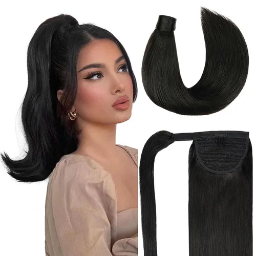 Miniatura 13 de Extensión de cola de caballo de cabello humano #4 marrón chocolate 100% Remy, extensión de cola de caballo recta envolvente alrededor de colas