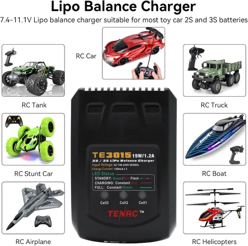 Miniatura 7 de LiPo Cargador de batería - 2S 3S RC Baterías Balance Cargadores AC 7.4-11.1V 15W 1.2A con XH3P XH4P Plug para RC Car LiPo Batería Barco Avión Camión